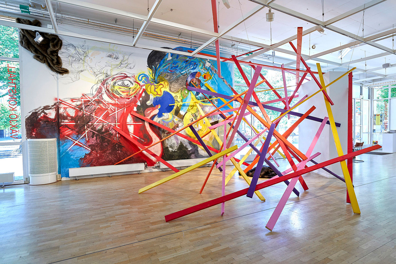 exhibition view, site specific mural installation in Vaxjo art gallery, Sweden