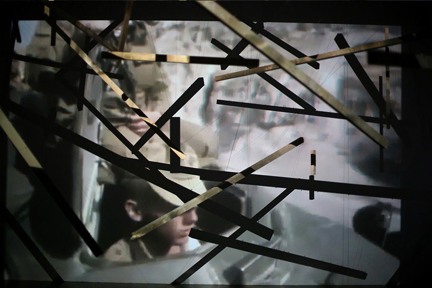 installation with projections of videos from the Afghan-Soviet war, 19791989, Rorschach test like pigment drawings and sound at Swedish art gallery 