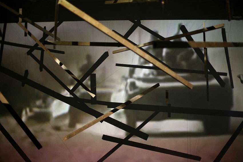 installation with projections of videos from the Afghan-Soviet war, 19791989, Rorschach test like pigment drawings and sound at Swedish art gallery 