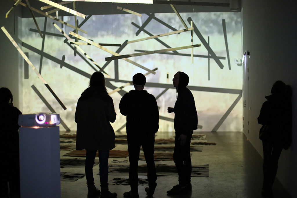 installation with projections of videos from the Afghan-Soviet war, 19791989, Rorschach test like pigment drawings and sound at Swedish art gallery 