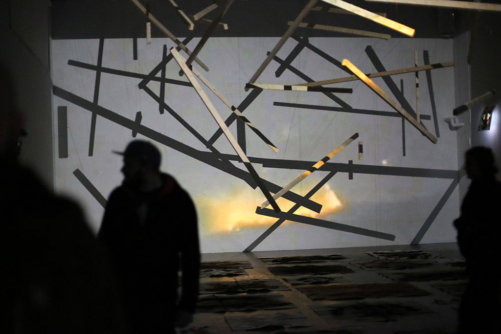 installation with projections of videos from the Afghan-Soviet war, 19791989, Rorschach test like pigment drawings and sound at Swedish art gallery 