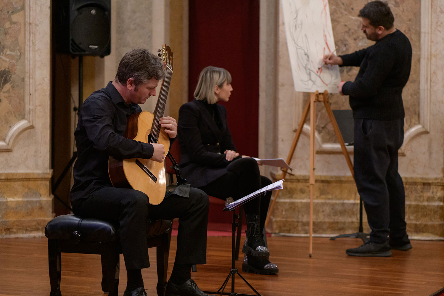 Jorge Luis Borges, musica de los seres imaginarios concert, live visuals, drawing, performance at George Enescu National Museum, Bucharest with Costin Soare and Kitharalogos