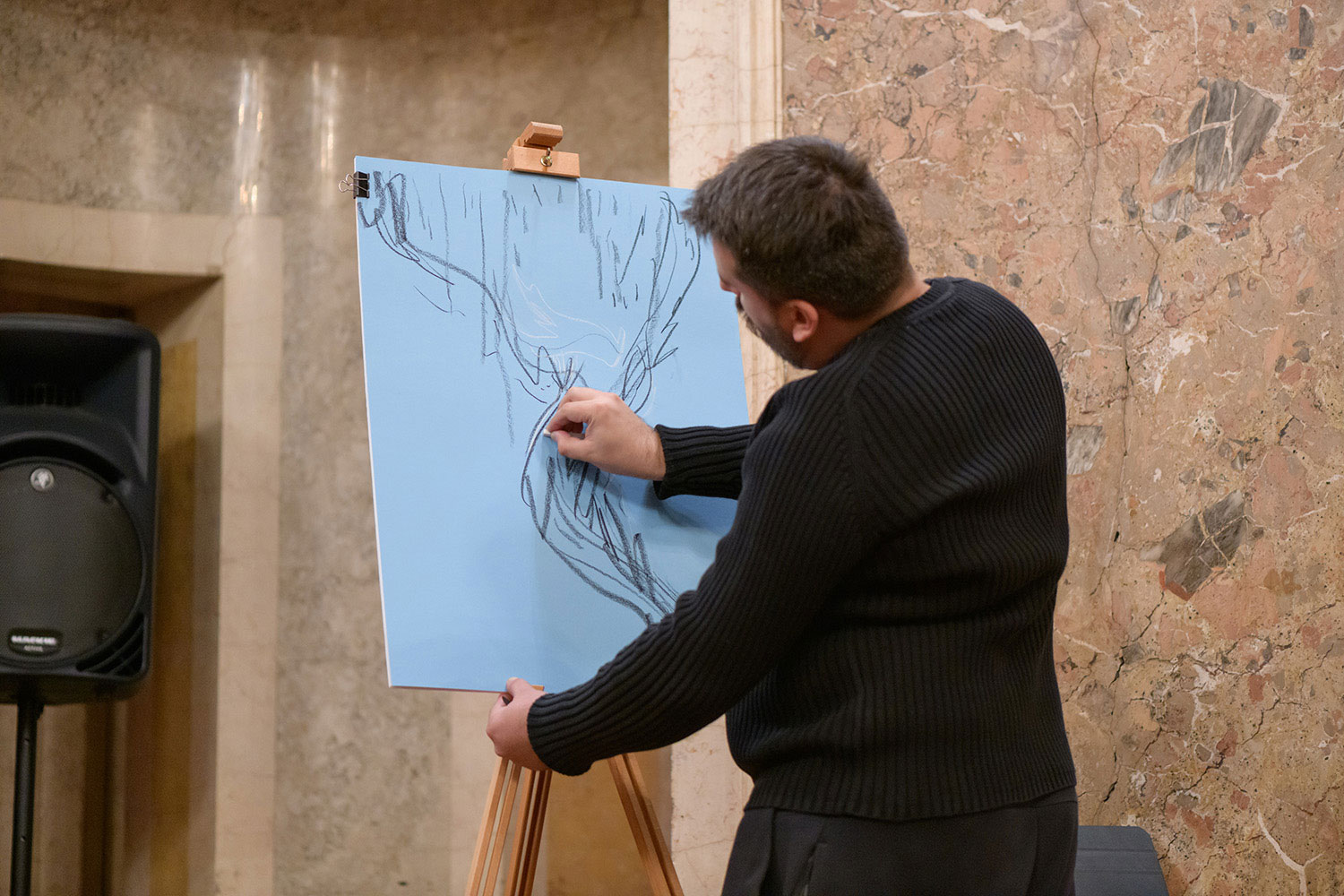 Jorge Luis Borges, musica de los seres imaginarios concert, live visuals, drawing, performance at George Enescu National Museum, Bucharest with Costin Soare and Kitharalogos