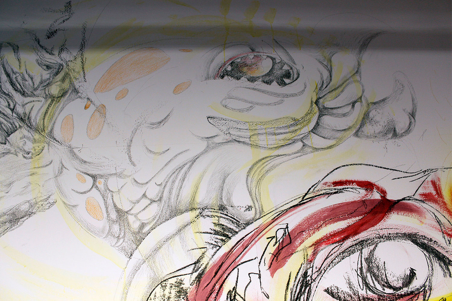 detail, exhibition view, site specific mural installation in Vaxjo art gallery, Sweden