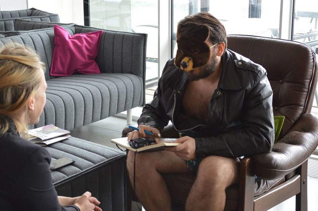 psychoactive bear therapy performance in sweden at umea bildmuseet wearing a mask