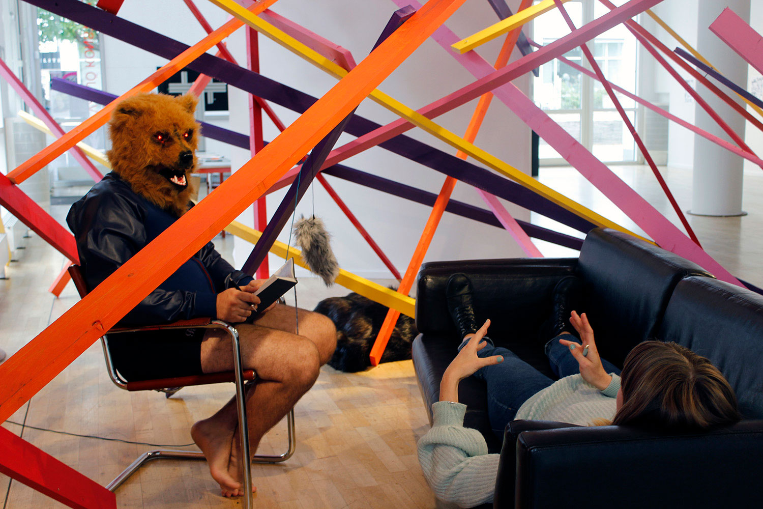 psychoactive bear therapy performance in sweden at vaxjo konsthall wearing a mask and site specific installation