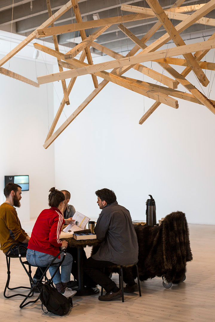 installation view and performance documentation, And the Future Never Comes, by Razvan Anghelache at Bildmuseet, Umea, Sweden