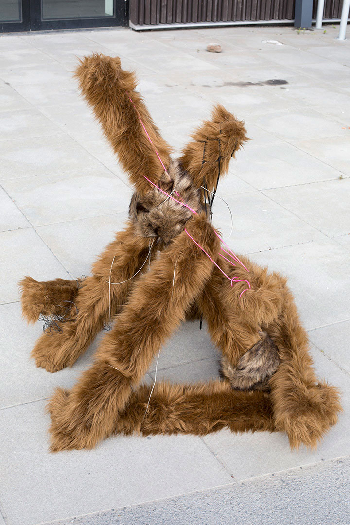 Switch, faux fur object installation in public space by the river, Sweden