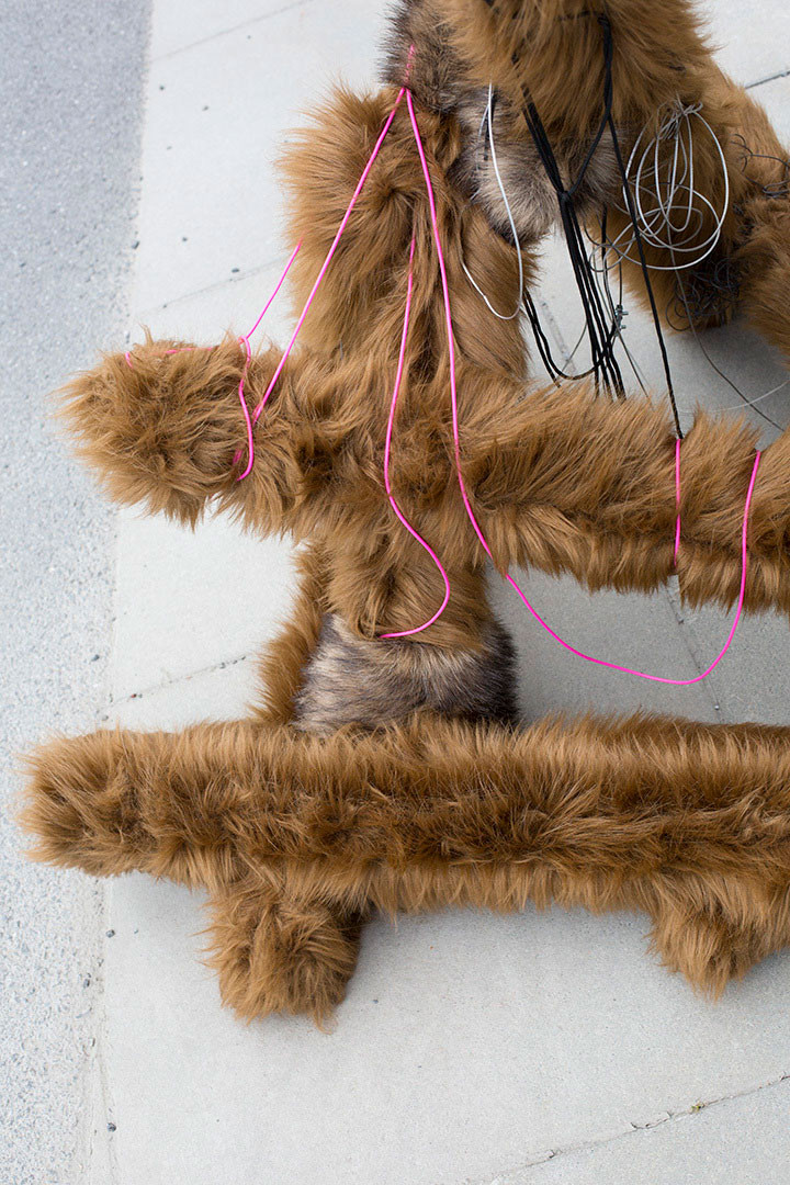 Switch, faux fur object installation in public space by the river, Sweden