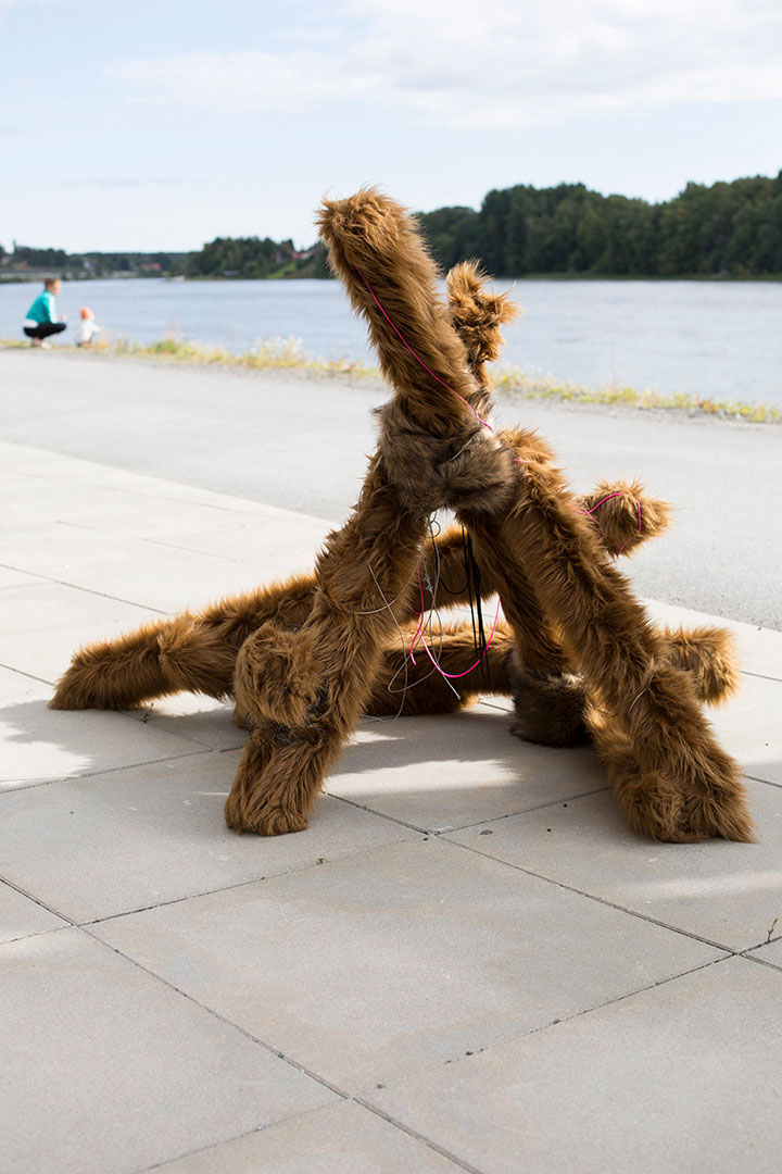 Switch, faux fur object installation in public space by the river, Sweden