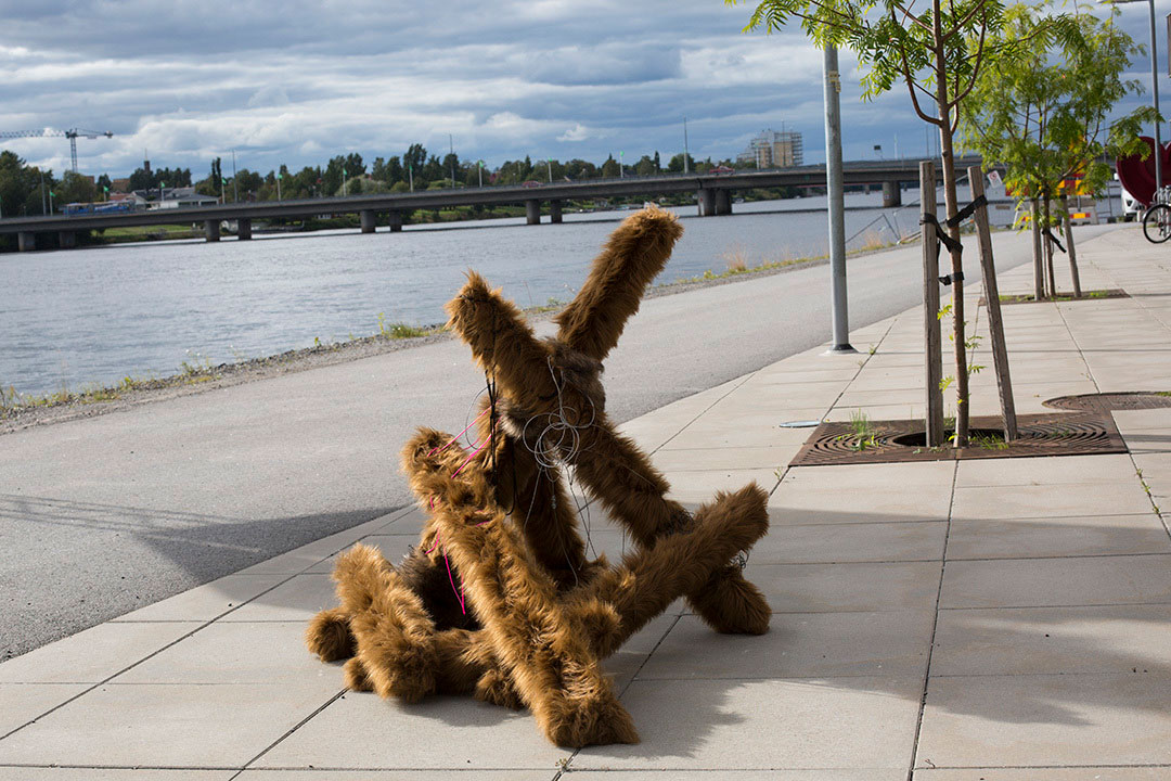 Switch, faux fur object installation in public space by the river, Sweden
